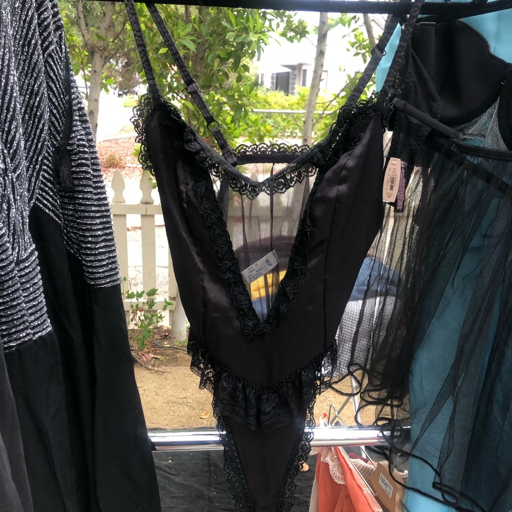 vintage black lacy and satin lingerie bodysuit